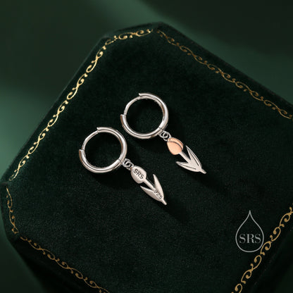 Tulip Flower Huggie Hoop Earrings in Sterling Silver, Two Tone Finish, Flower Earrings, Tulip Earrings