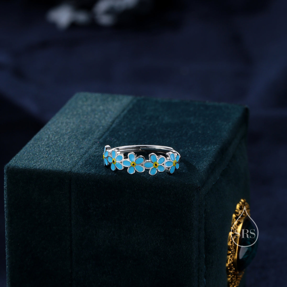 Sterling Silver Delicate Forget-me-not Flower Ring, Adjustable Size, Forget me not enamel flower Motif ring, Dainty and Delicate