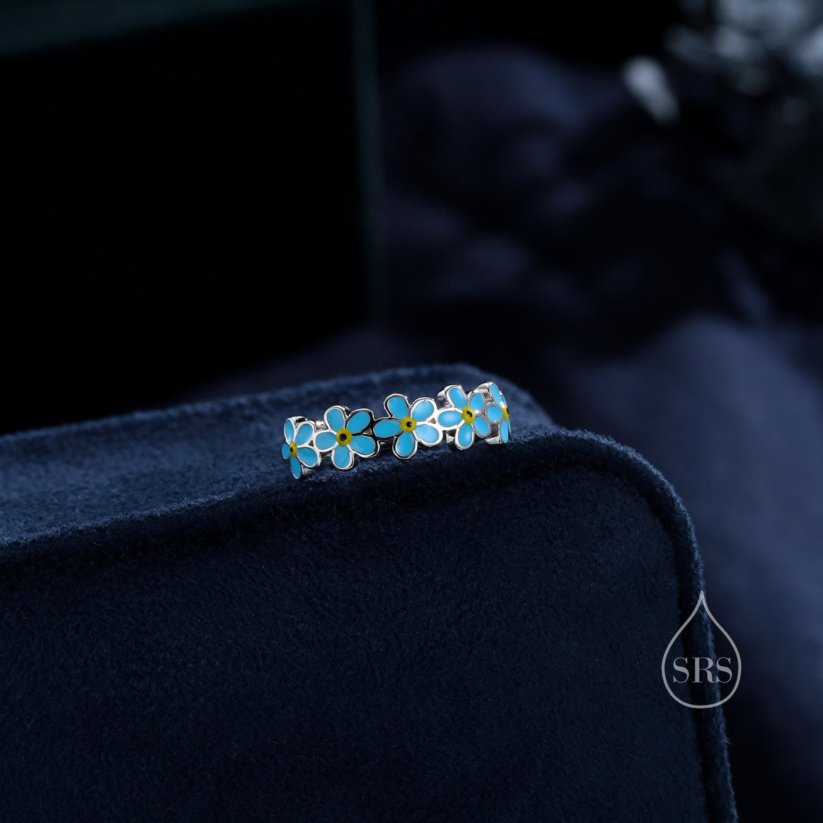 Sterling Silver Delicate Forget-me-not Flower Ring, Adjustable Size, Forget me not enamel flower Motif ring, Dainty and Delicate