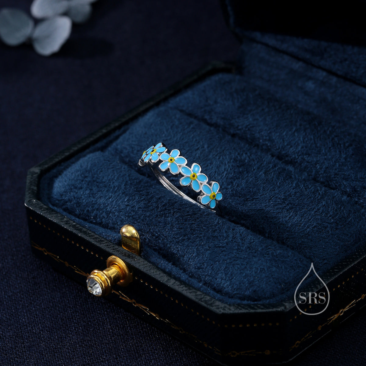 Sterling Silver Delicate Forget-me-not Flower Ring, Adjustable Size, Forget me not enamel flower Motif ring, Dainty and Delicate