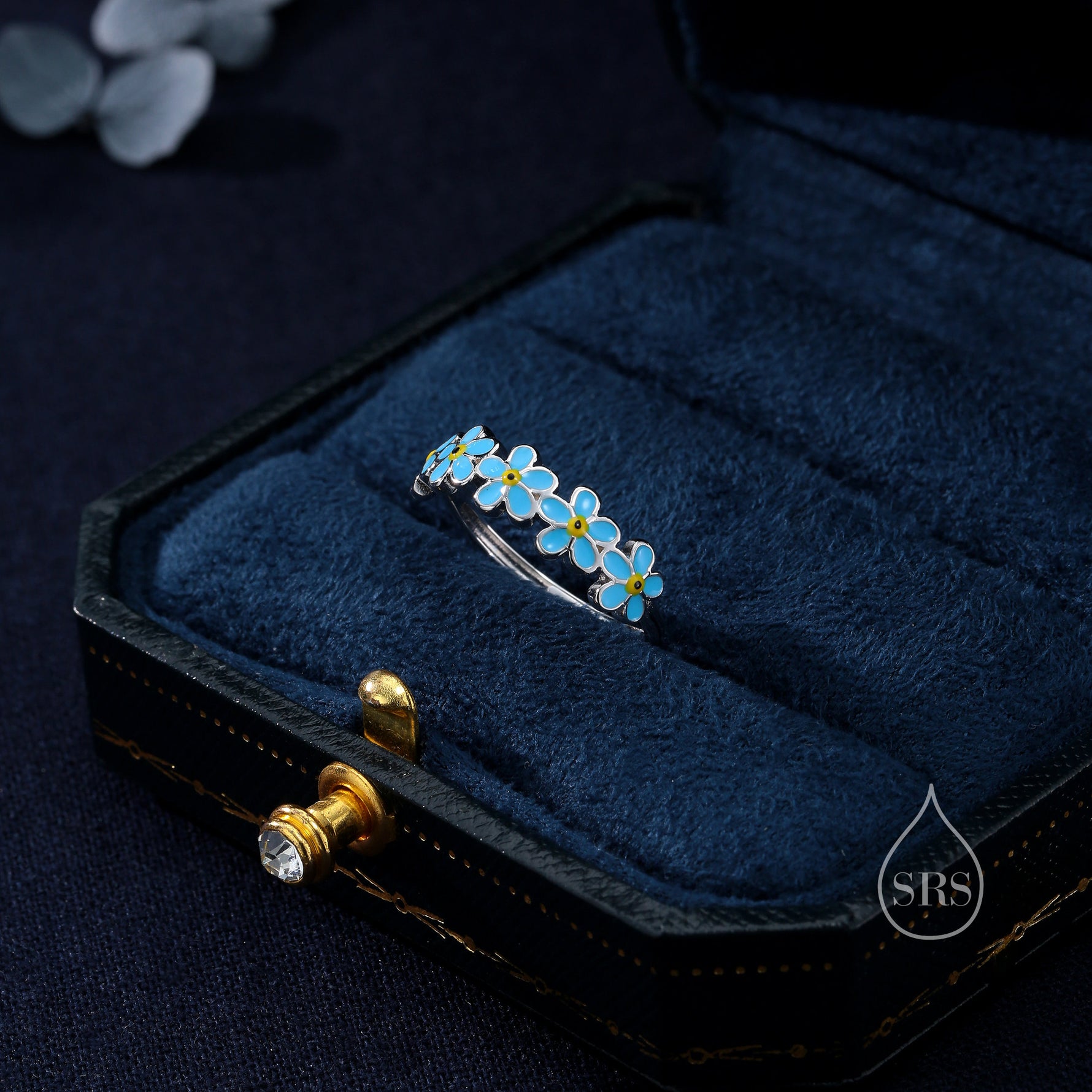 Sterling Silver Delicate Forget-me-not Flower Ring, Adjustable Size, Forget me not enamel flower Motif ring, Dainty and Delicate