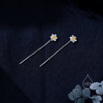 Daffodil Flower Threader Earrings in Sterling Silver, Daffodil with Dangle Chain Earrings, Daffodil Pull Through Chain Earrings