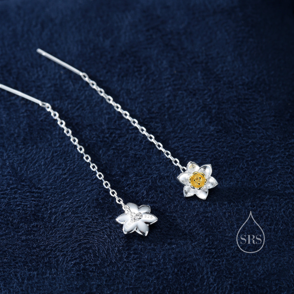 Daffodil Flower Threader Earrings in Sterling Silver, Daffodil with Dangle Chain Earrings, Daffodil Pull Through Chain Earrings