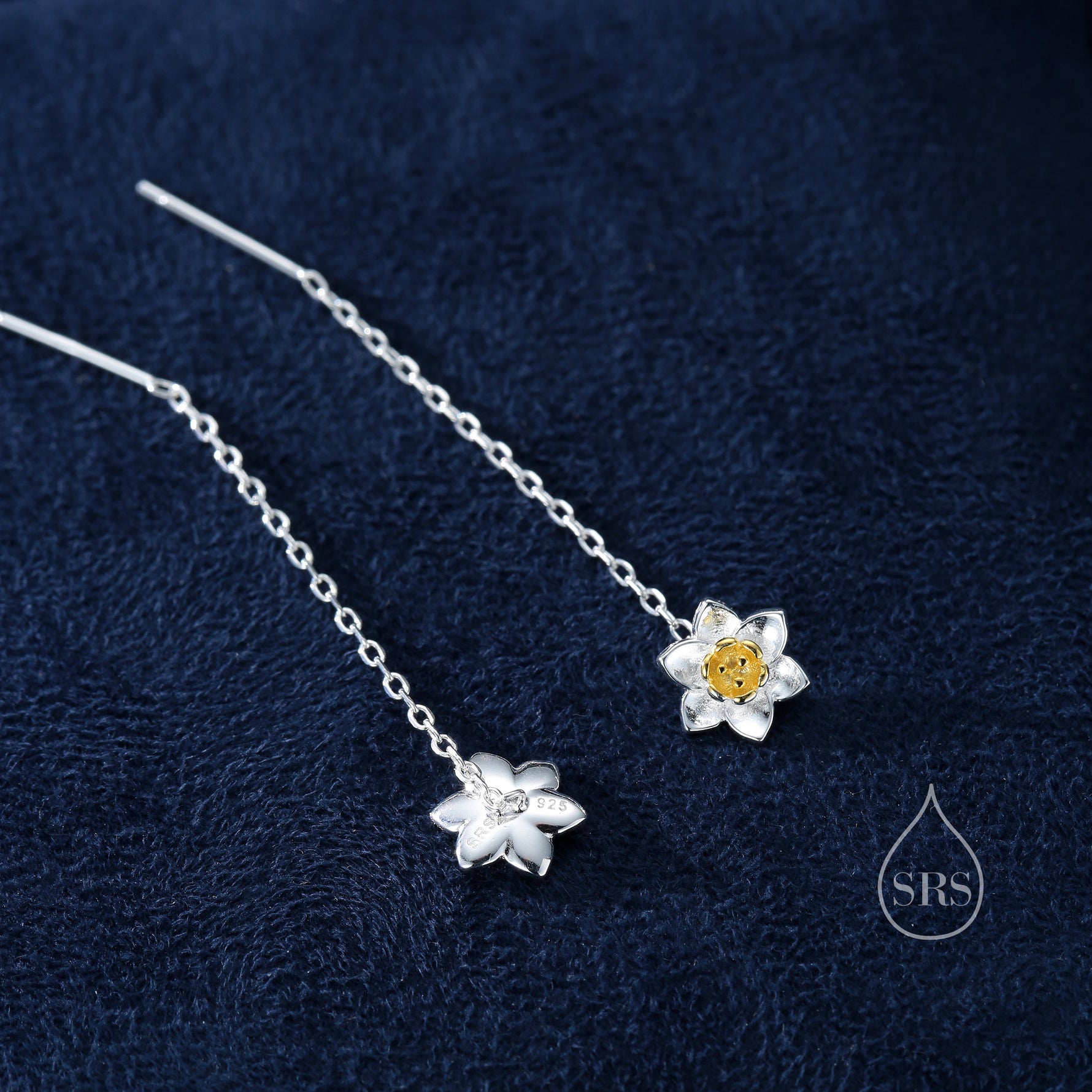 Daffodil Flower Threader Earrings in Sterling Silver, Daffodil with Dangle Chain Earrings, Daffodil Pull Through Chain Earrings