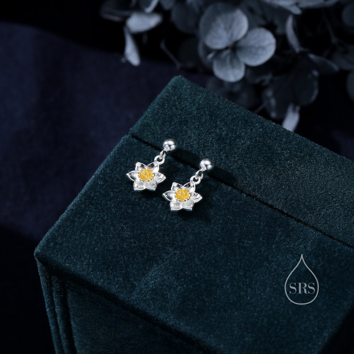 Daffodil Drop Stud Earrings in Sterling Silver, Tiny Daffodil Flower Dangle Earrings, Small Daffodil Earrings, Birth Flower for March