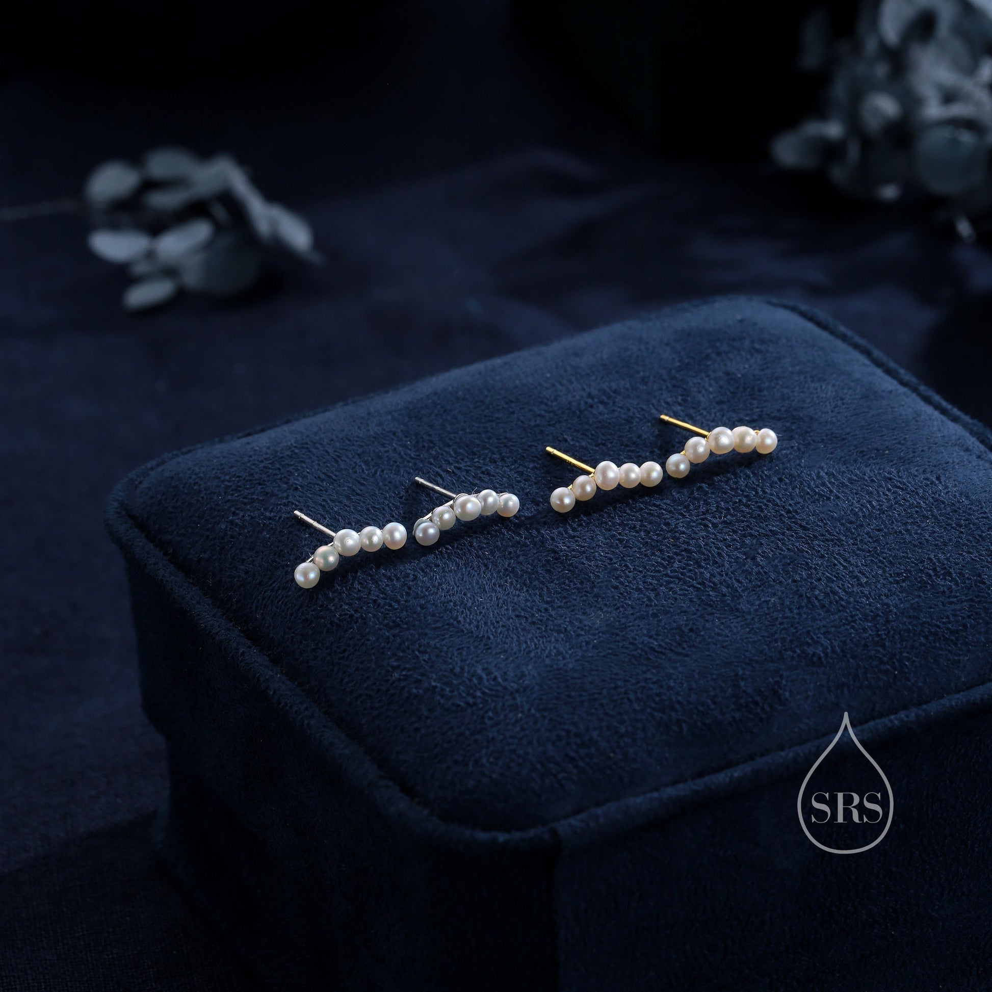 Genuine Freshwater Pearl Curved Bar Earrings in Sterling Silver, Delicate Keshi Pearl Bar Earrings, Pearl Smile Stud Earrings