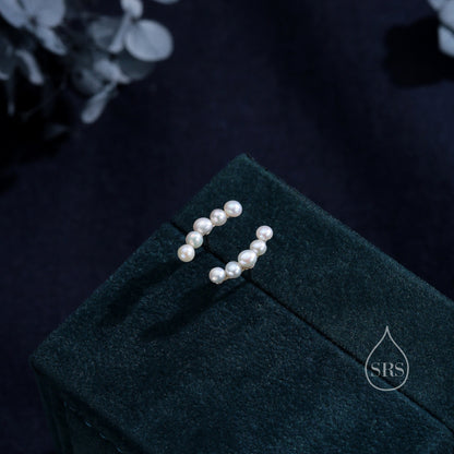 Genuine Freshwater Pearl Curved Bar Earrings in Sterling Silver, Delicate Keshi Pearl Bar Earrings, Pearl Smile Stud Earrings