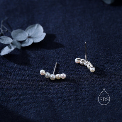 Genuine Freshwater Pearl Curved Bar Earrings in Sterling Silver, Delicate Keshi Pearl Bar Earrings, Pearl Smile Stud Earrings