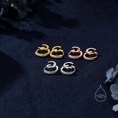 Single Piercing Double Hoop Effect Earrings in Sterling Silver, CZ Pave Hoop Earrings, Silver, Gold, Rose Gold, Dainty and Delicate