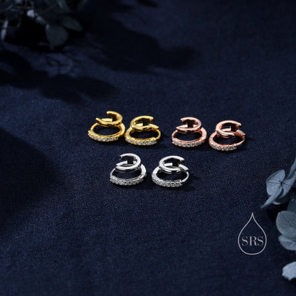 Single Piercing Double Hoop Effect Earrings in Sterling Silver, CZ Pave Hoop Earrings, Silver, Gold, Rose Gold, Dainty and Delicate