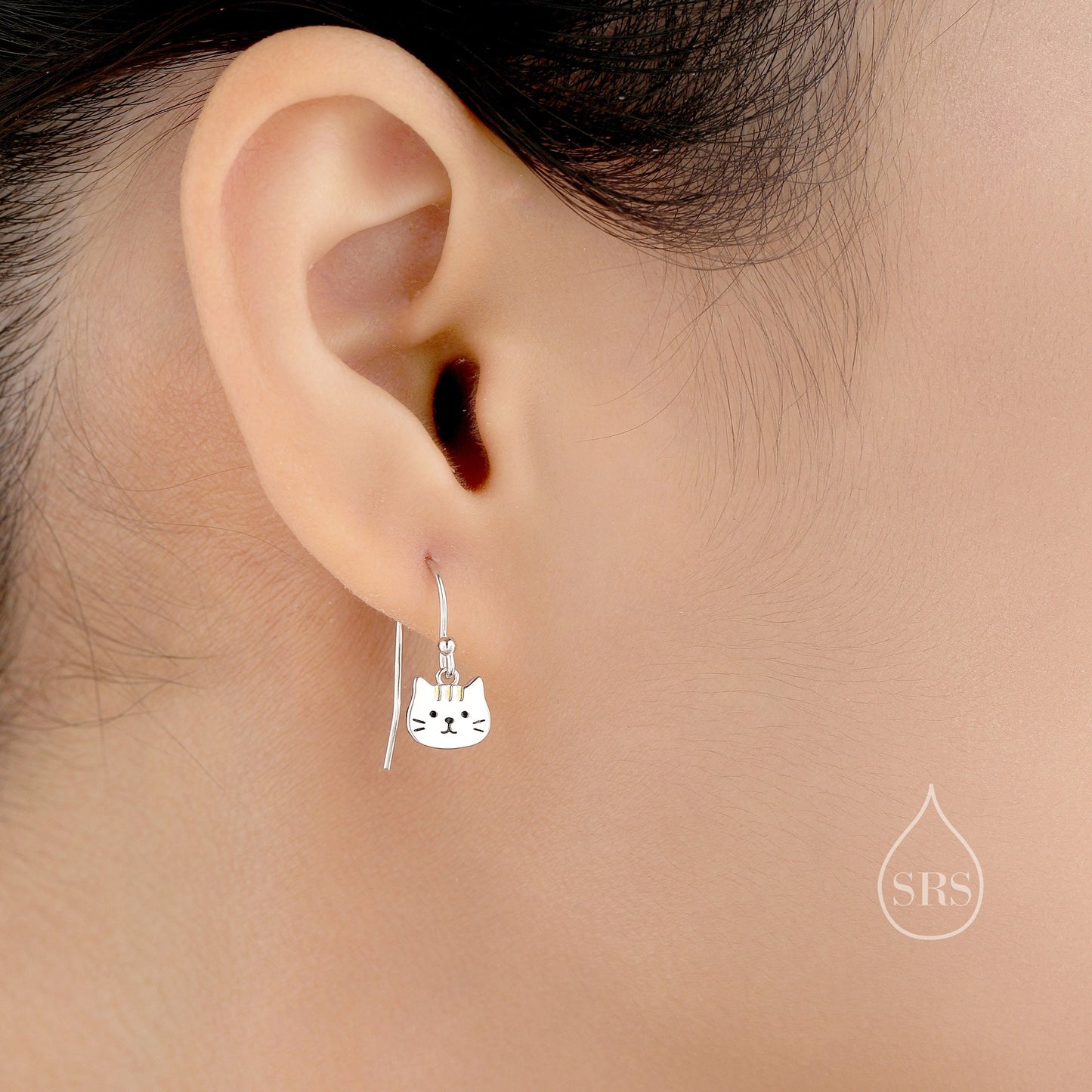 Super Cute Cat Drop Hook Earrings in Sterling Silver -  Cute Cat Drop Earrings, Cat Lover Gift, Cat Mum Gift, Cat Dangle Earrings