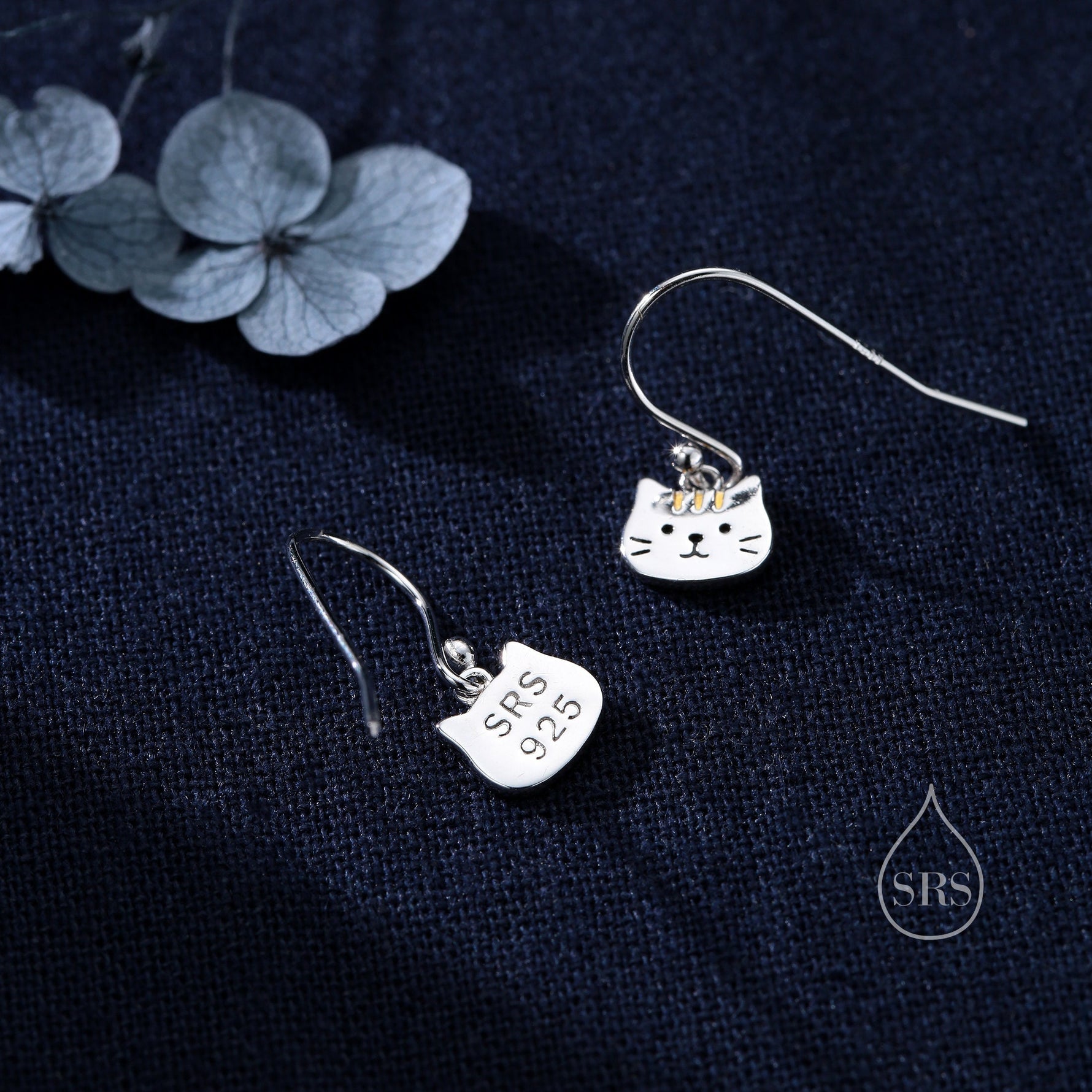 Super Cute Cat Drop Hook Earrings in Sterling Silver - Cute Cat Drop Earrings, Cat Lover Gift, Cat Mum Gift, Cat Dangle Earrings