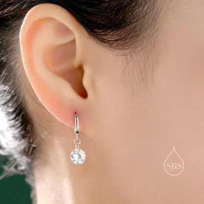 Dangle CZ Huggie Hoop Earrings in Sterling Silver, Silver or Gold, Delicate Sparky CZ Skinny Hoops