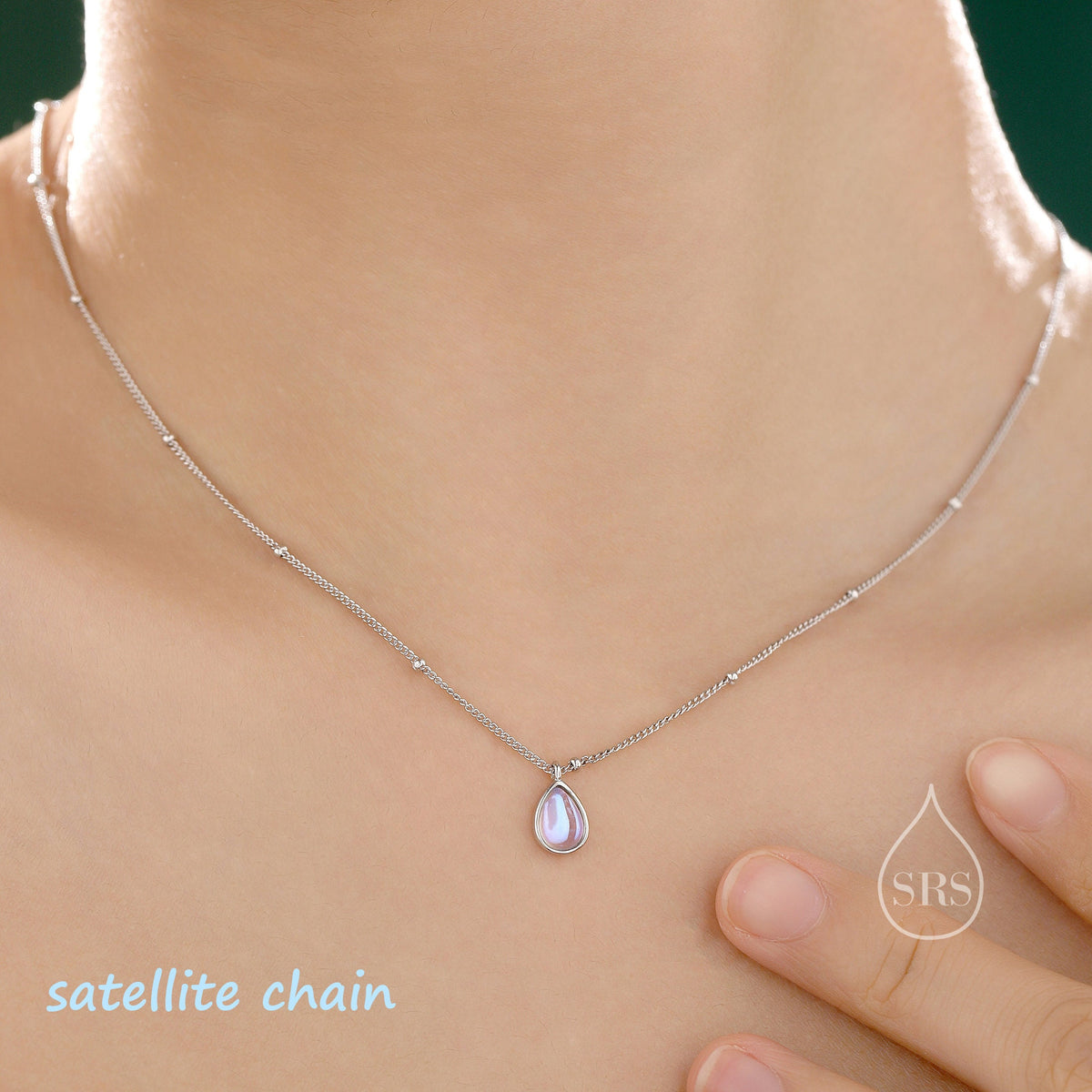 Aurora Moonstone Pendant Necklace in Sterling Silver, Three Chain Types Available, Droplet Pear Cut Simulated Moonstone Necklace
