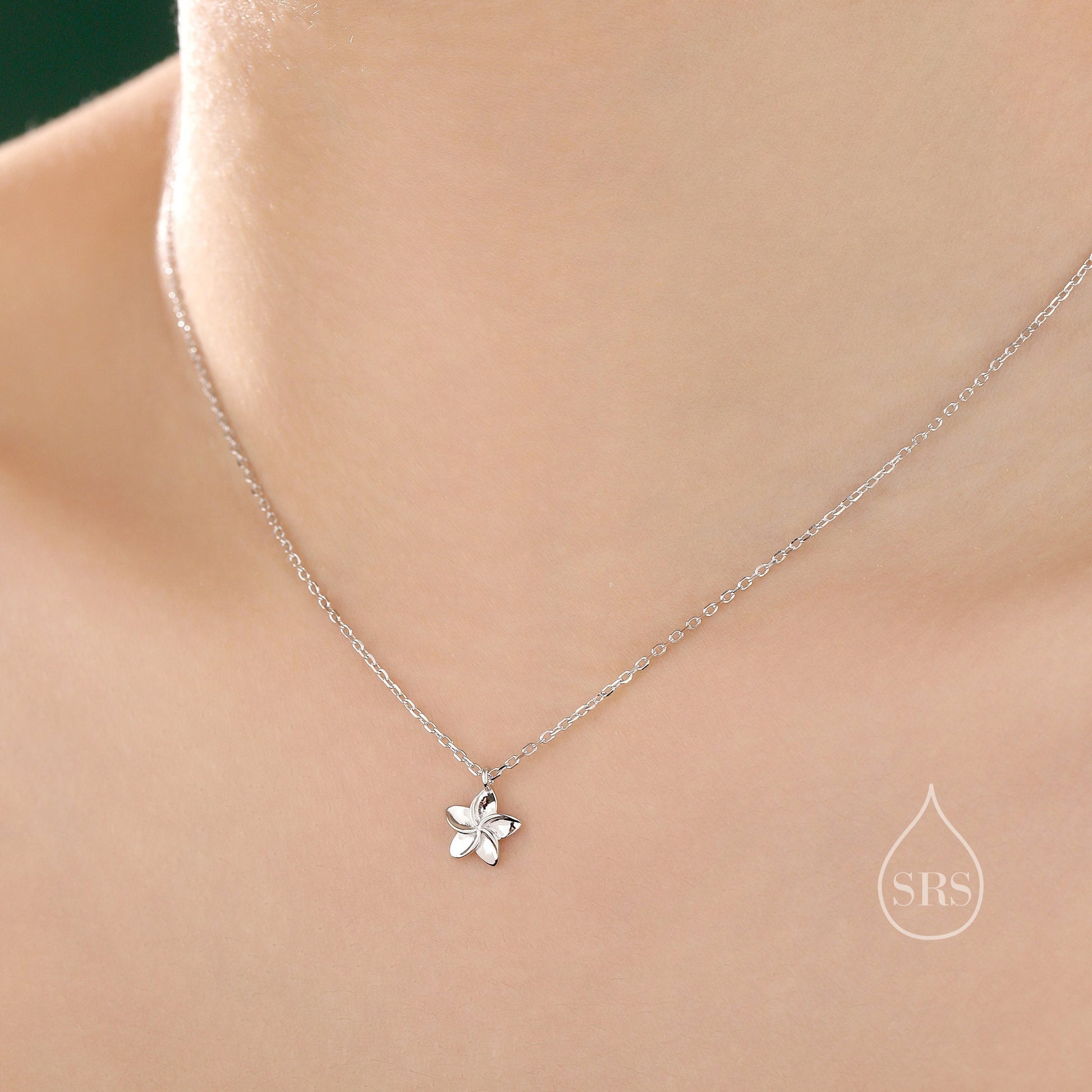 Tiny Plumeria Flower Pendant Necklace in Sterling Silver, Silver
