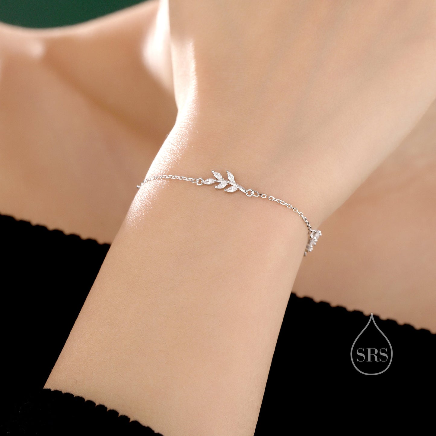 CZ Leaf Motif Bracelet in Sterling Silver, Silver or Gold, Crystal Olive Leaf Bracelet, Olive Branch Bracelet