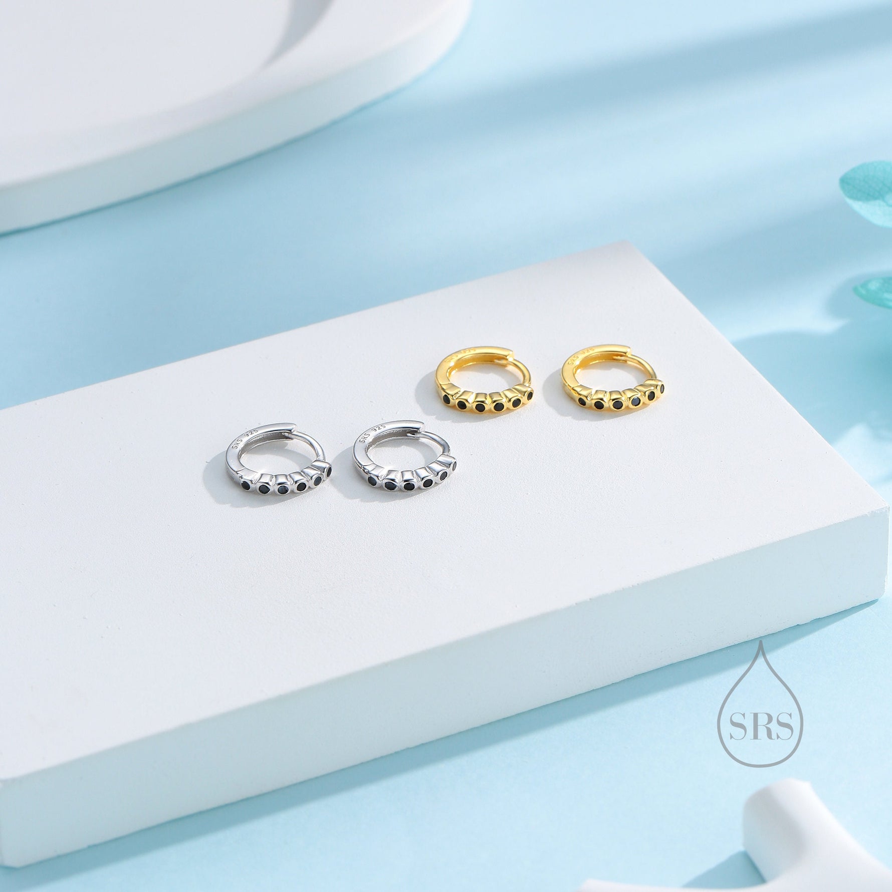 Black CZ Bezel Huggie Hoop in Sterling Silver, 8mm, Black CZ Hoops, Minimalist Simple Hoop Earrings, Black Hoops with Black CZ