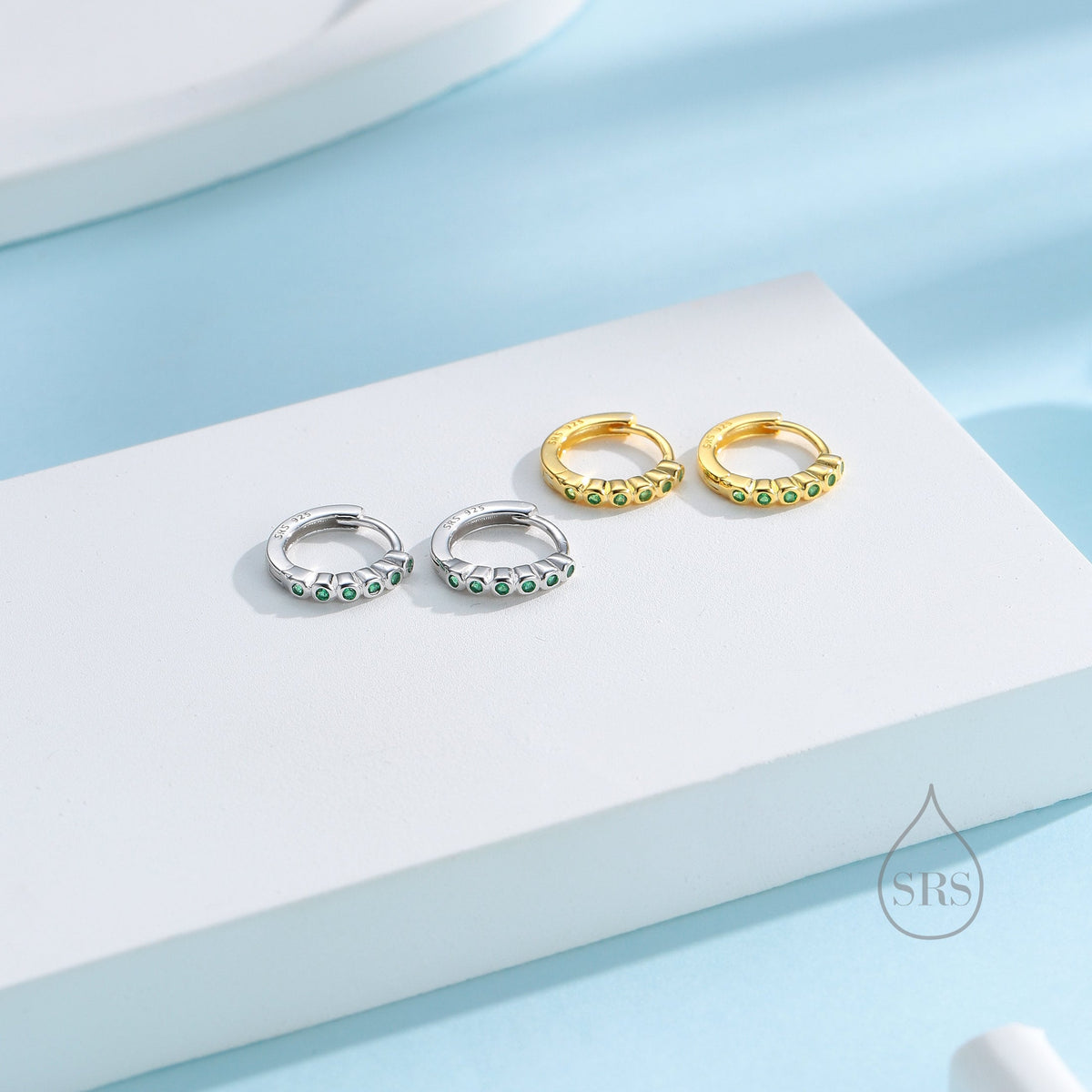 Emerald Green CZ Bezel Huggie Hoop in Sterling Silver, 8mm, Silver or Gold, Green Minimalist Simple Hoop Earrings, Green CZ Hoops