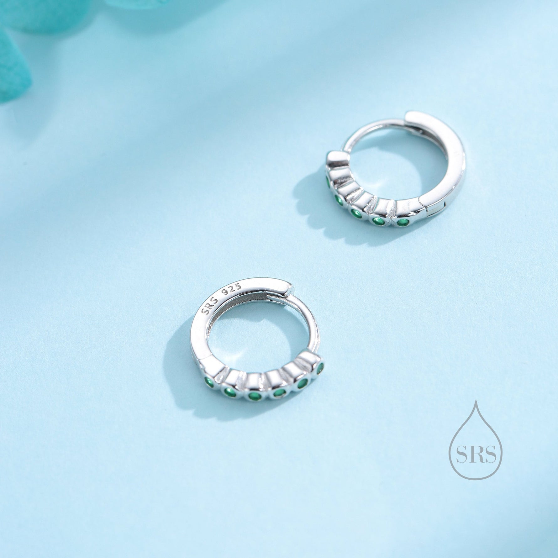 Emerald Green CZ Bezel Huggie Hoop in Sterling Silver, 8mm, Silver or Gold, Green Minimalist Simple Hoop Earrings, Green CZ Hoops