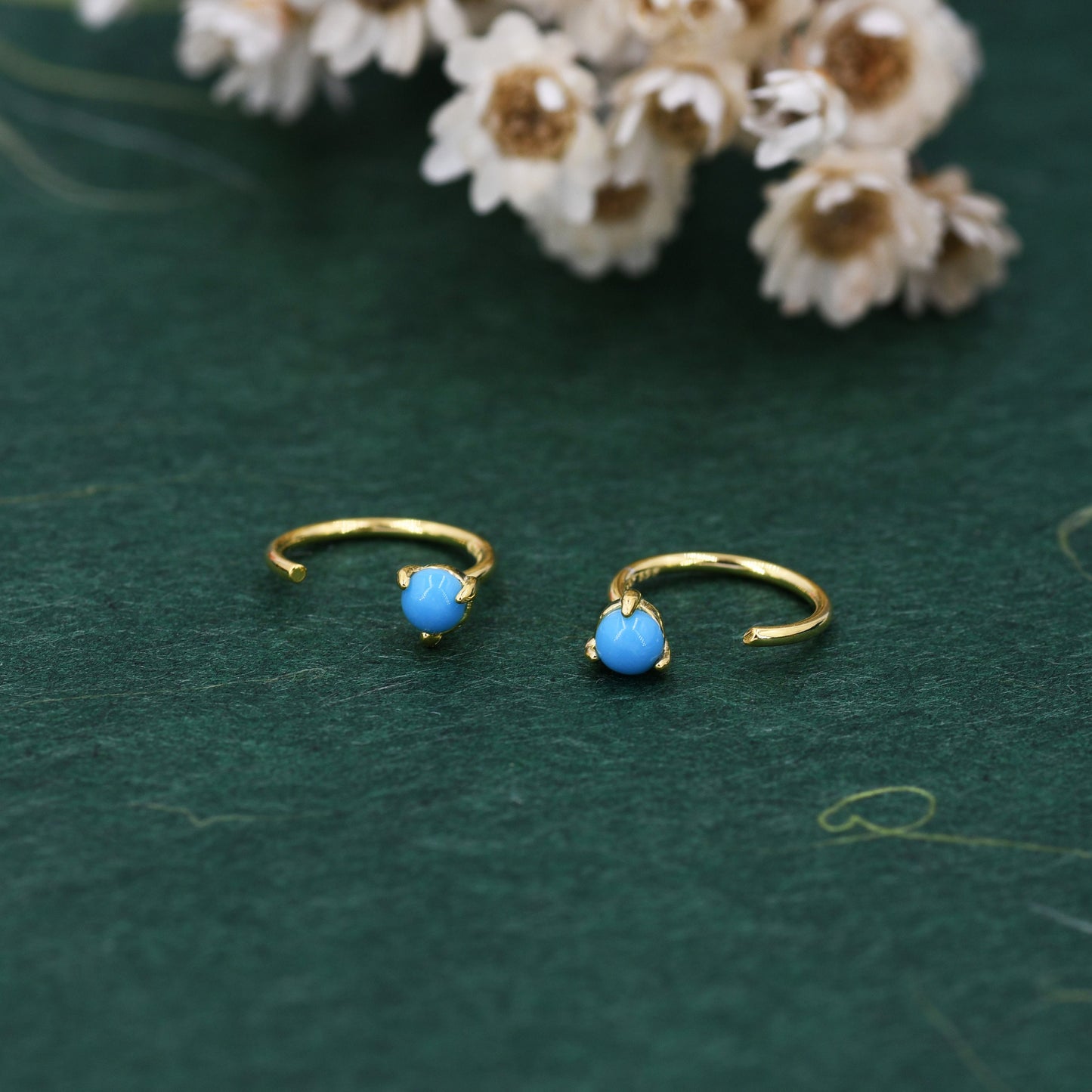 Natural Turquoise Huggie Hoop Threader Earrings in Sterling Silver, 3mm Three Prong Set, Gold or Silver, Pull Through Open Hoops