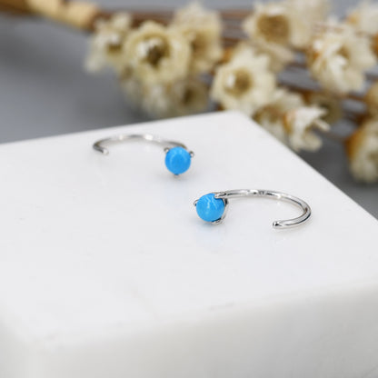 Natural Turquoise Huggie Hoop Threader Earrings in Sterling Silver, 3mm Three Prong Set, Gold or Silver, Pull Through Open Hoops