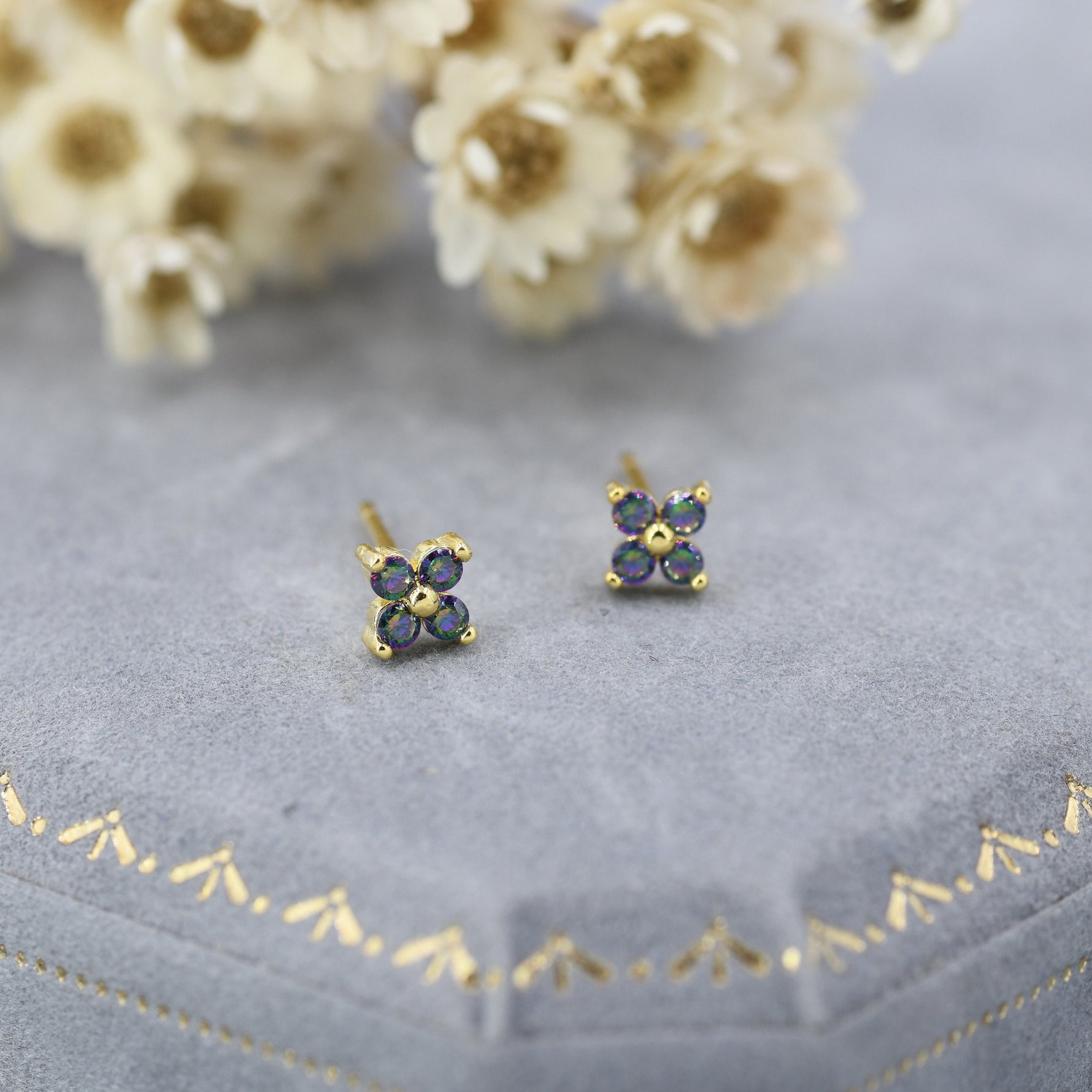 Extra Small Mystic Black Aurora CZ Flower Stud Earrings in Sterling Silver - Aurora AB Crystal CZ Stud, Hydrangea Stud, Colour Changing