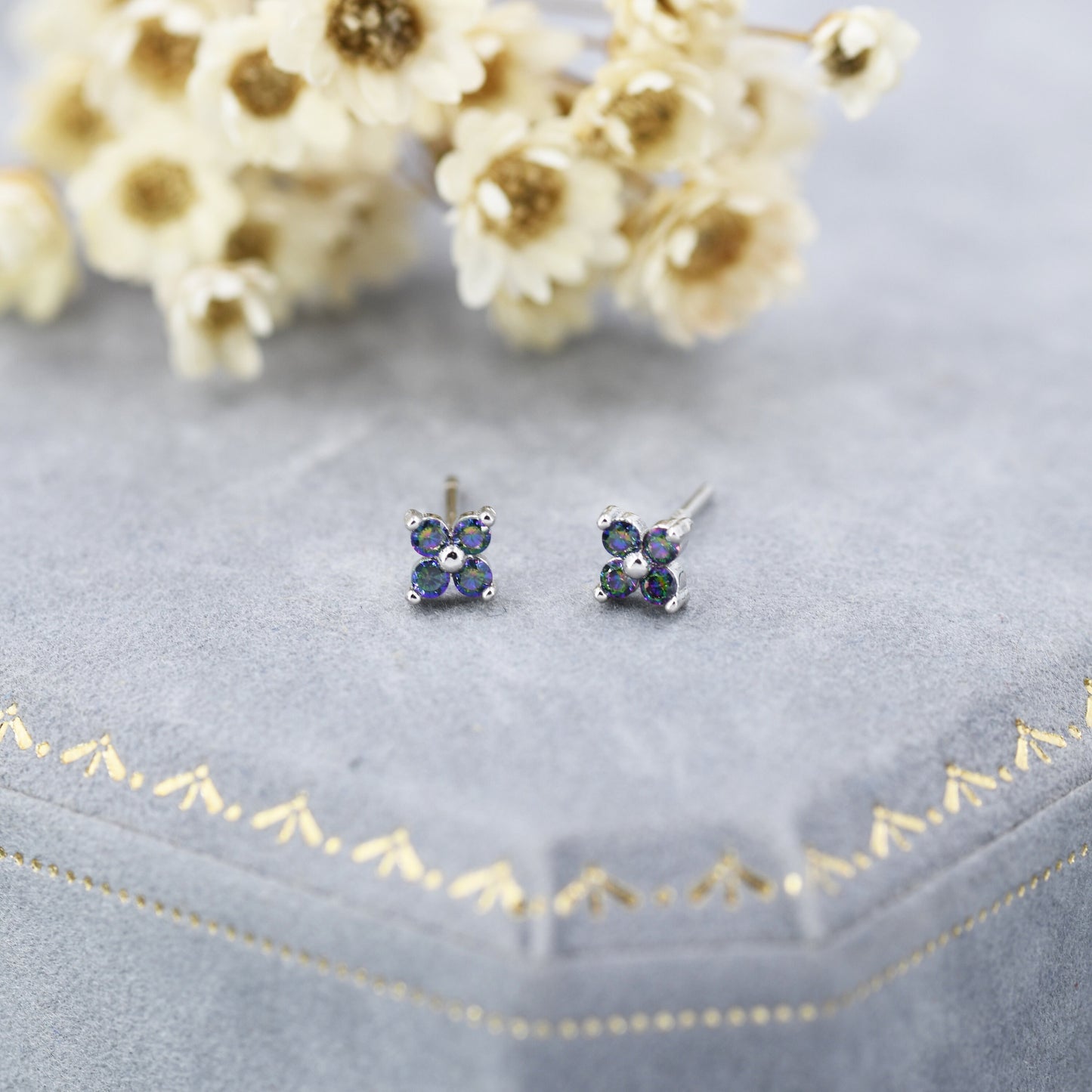 Extra Small Mystic Black Aurora CZ Flower Stud Earrings in Sterling Silver -  Aurora AB Crystal CZ Stud, Hydrangea Stud, Colour Changing