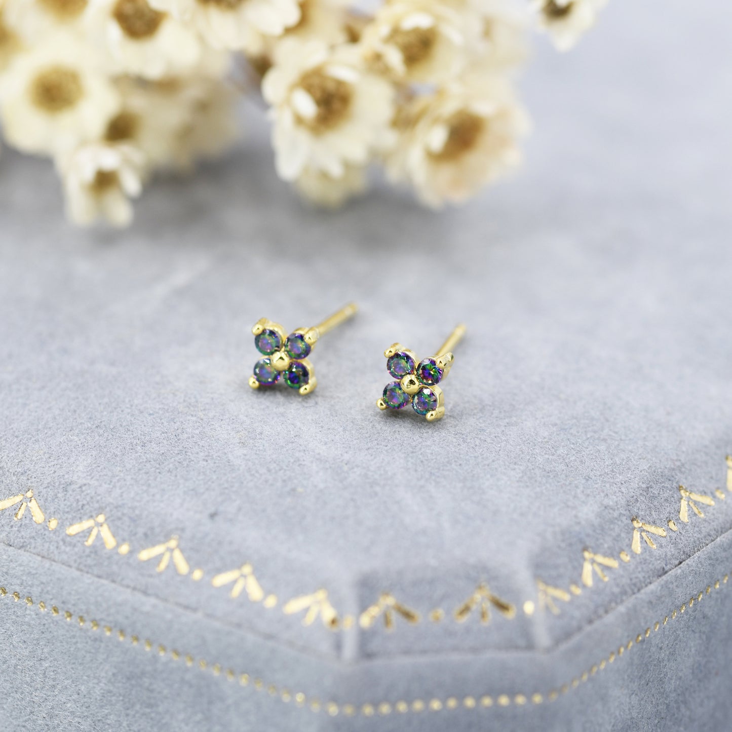 Extra Small Mystic Black Aurora CZ Flower Stud Earrings in Sterling Silver -  Aurora AB Crystal CZ Stud, Hydrangea Stud, Colour Changing