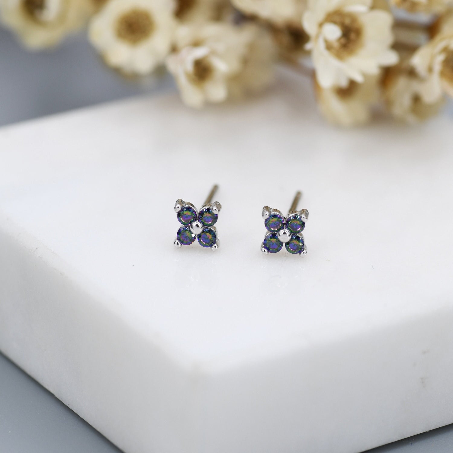 Extra Small Mystic Black Aurora CZ Flower Stud Earrings in Sterling Silver - Aurora AB Crystal CZ Stud, Hydrangea Stud, Colour Changing