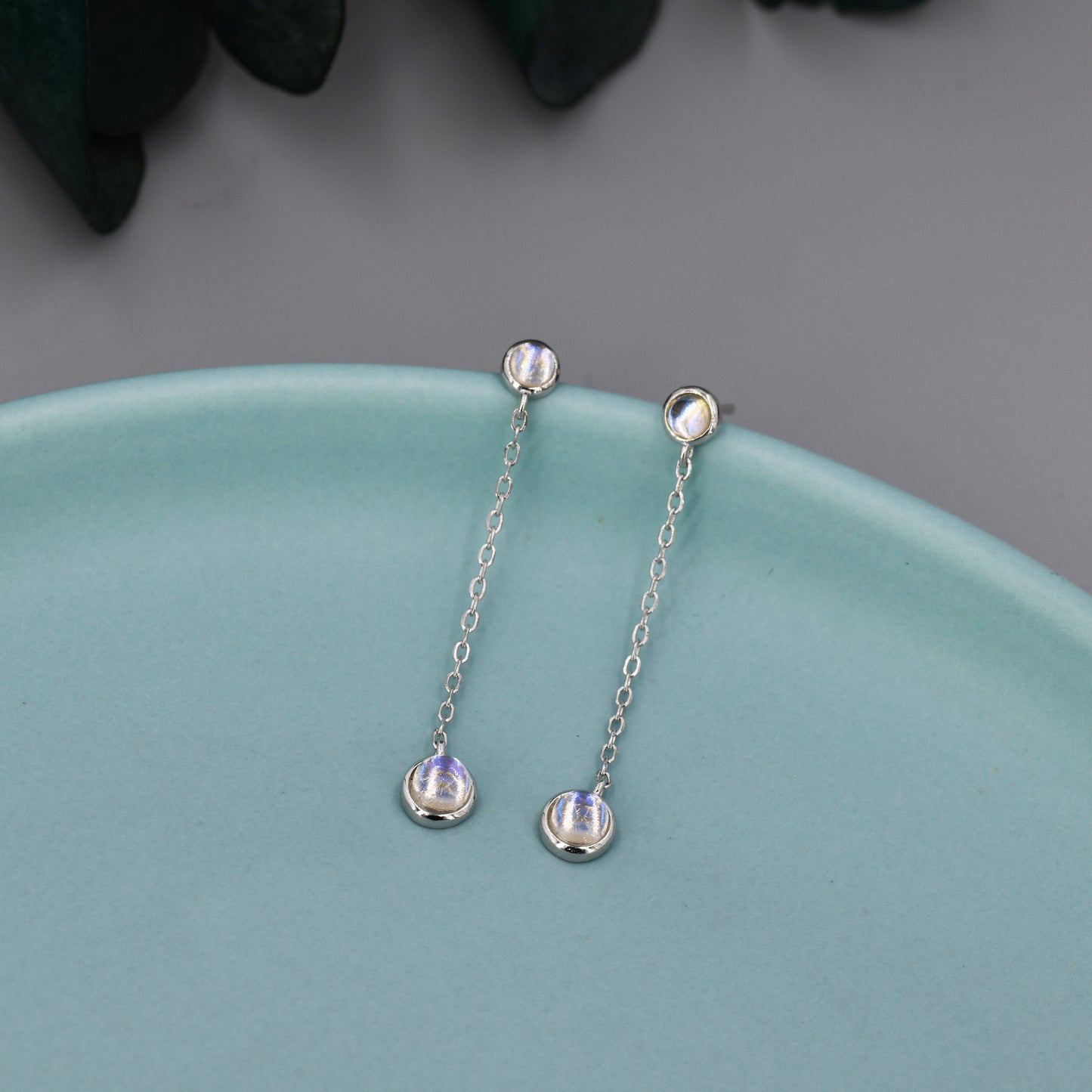 Double Moonstone Dangle Earrings in Sterling Silver,  Silver or Gold, Round Lab Moonstone Bezel Earrings, Two Moonstone Earrings