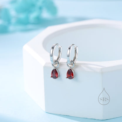 Sterling Silver Garnet Red CZ Droplet Hoop Earrings, Silver, Gold or Rose Gold, Pear Cut Drop Earrings, Interchangeable Charms, January