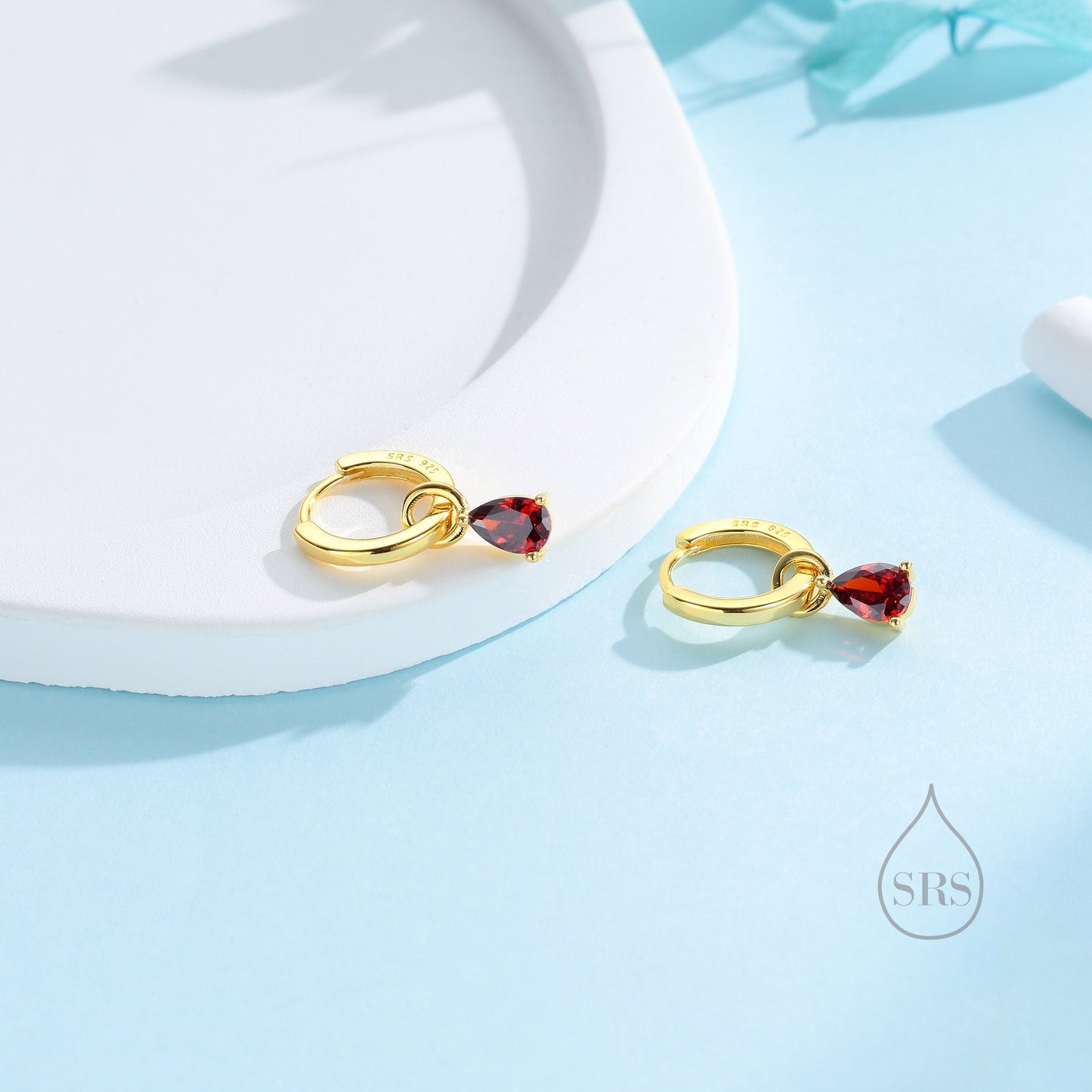 Sterling Silver Garnet Red CZ Droplet Hoop Earrings, Silver, Gold or Rose Gold, Pear Cut Drop Earrings, Interchangeable Charms, January