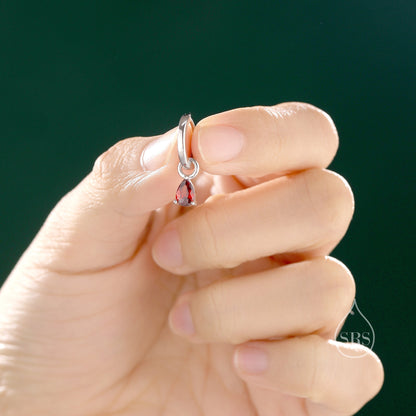 Sterling Silver Garnet Red CZ Droplet Hoop Earrings, Silver, Gold or Rose Gold, Pear Cut Drop Earrings, Interchangeable Charms, January