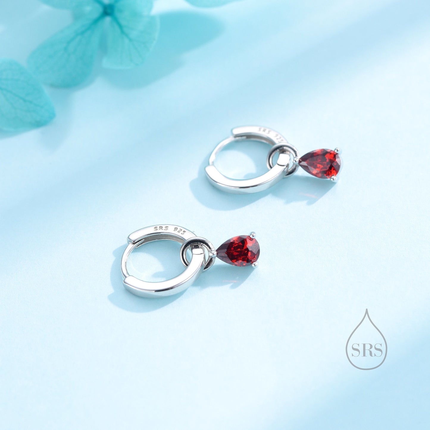 Sterling Silver Garnet Red CZ Droplet Hoop Earrings, Silver, Gold or Rose Gold, Pear Cut Drop Earrings, Interchangeable Charms, January