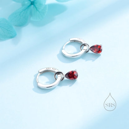 Sterling Silver Garnet Red CZ Droplet Hoop Earrings, Silver, Gold or Rose Gold, Pear Cut Drop Earrings, Interchangeable Charms, January