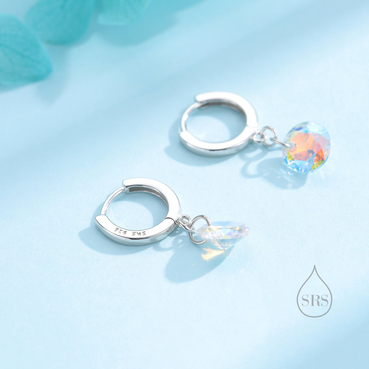 Dangle Aurora CZ Huggie Hoop Earrings in Sterling Silver, Silver or Gold, Delicate Sparky AB CZ Skinny Hoops, Colour Changing Crystal Hoops