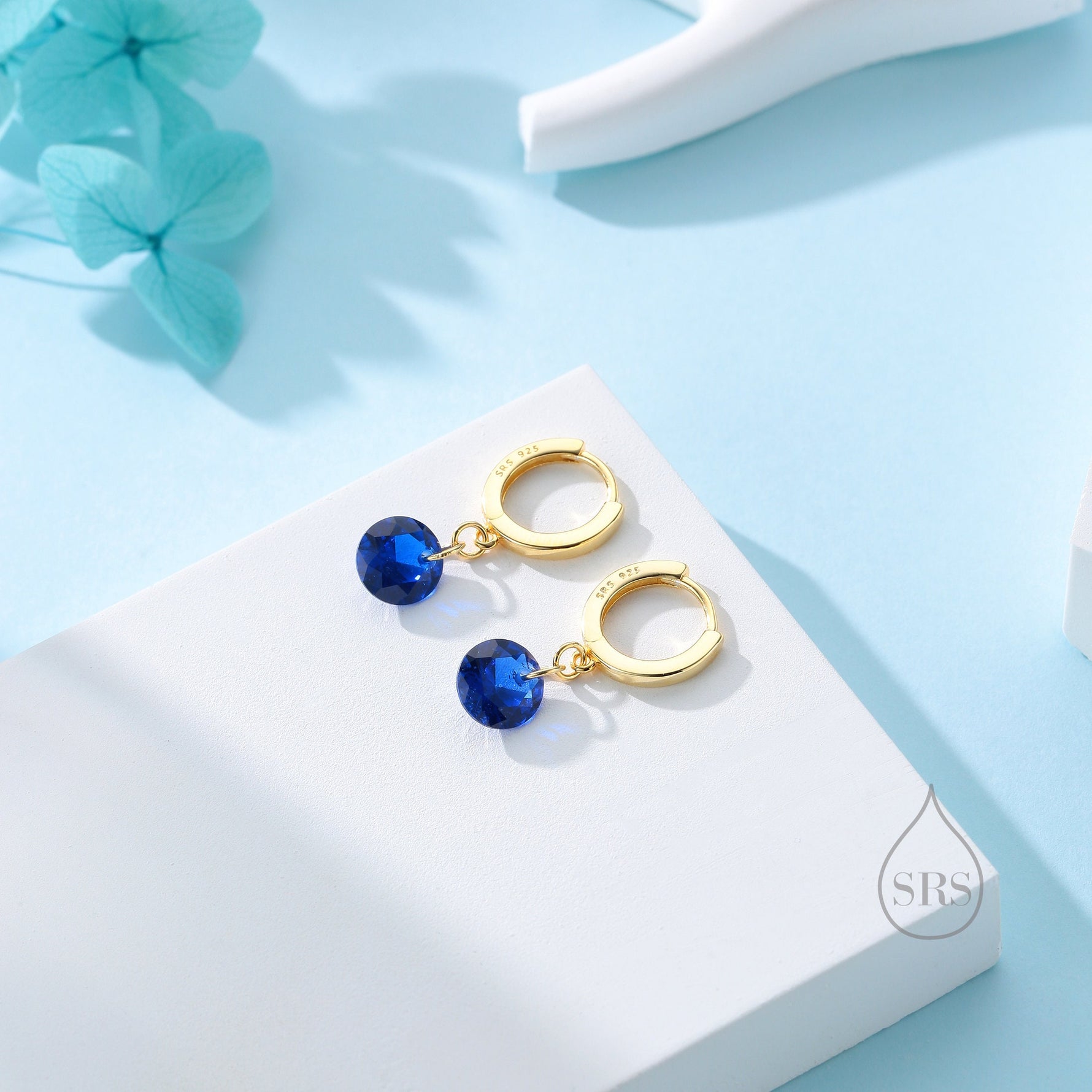 Dangle Sapphire Blue CZ Huggie Hoop Earrings in Sterling Silver, Silver or Gold, Delicate Sparky CZ Skinny Hoops, Dark Blue Crystal Hoops