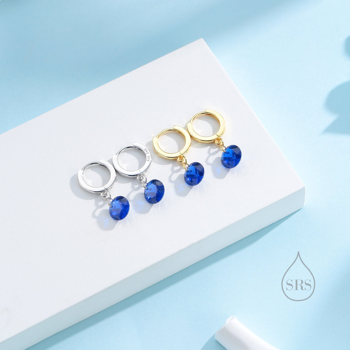 Dangle Sapphire Blue CZ Huggie Hoop Earrings in Sterling Silver, Silver or Gold, Delicate Sparky CZ Skinny Hoops, Dark Blue Crystal Hoops