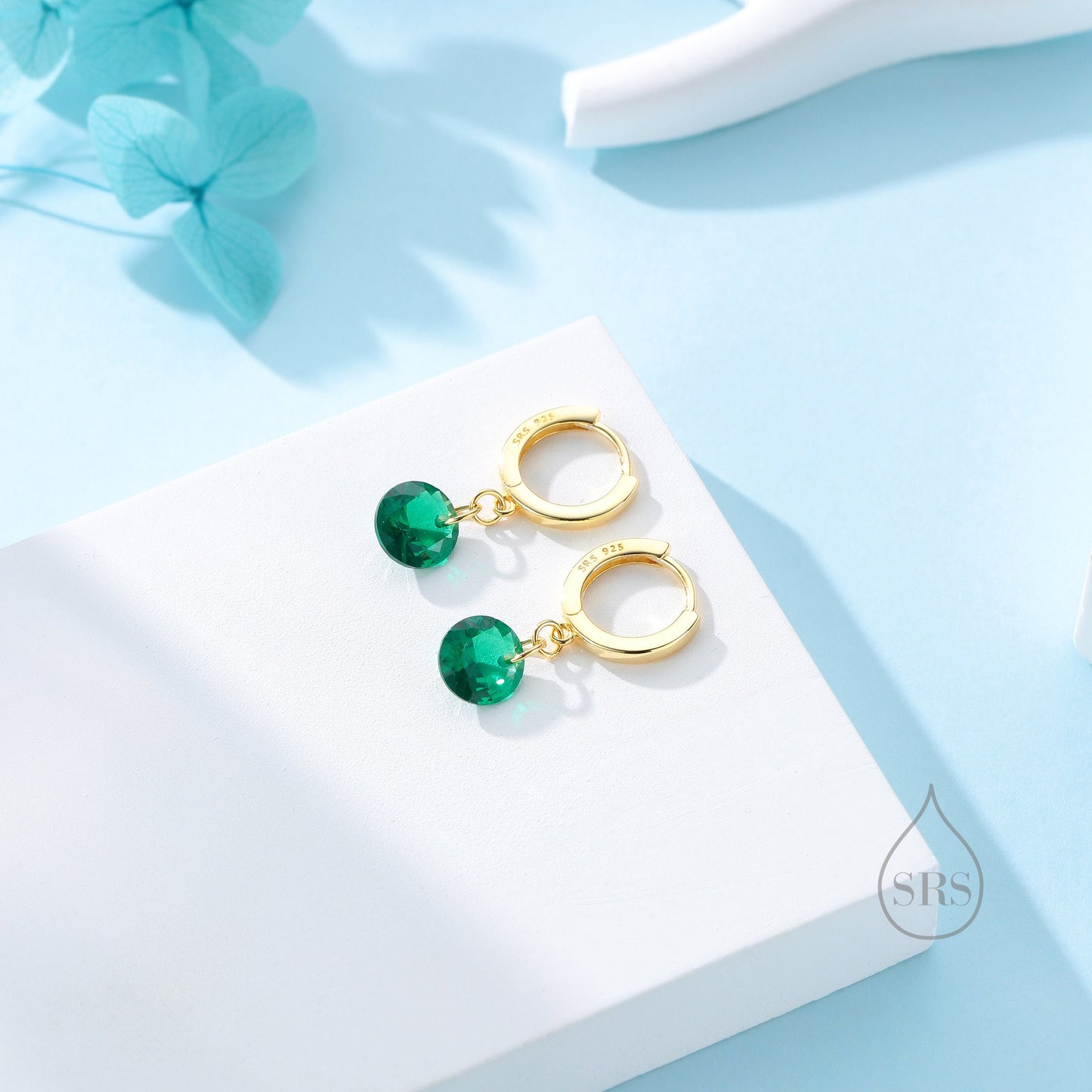 Dangle Emerald Green CZ Huggie Hoop Earrings in Sterling Silver, Silver or Gold, Delicate Sparky CZ Skinny Hoops, Dark Green Crystal Hoops