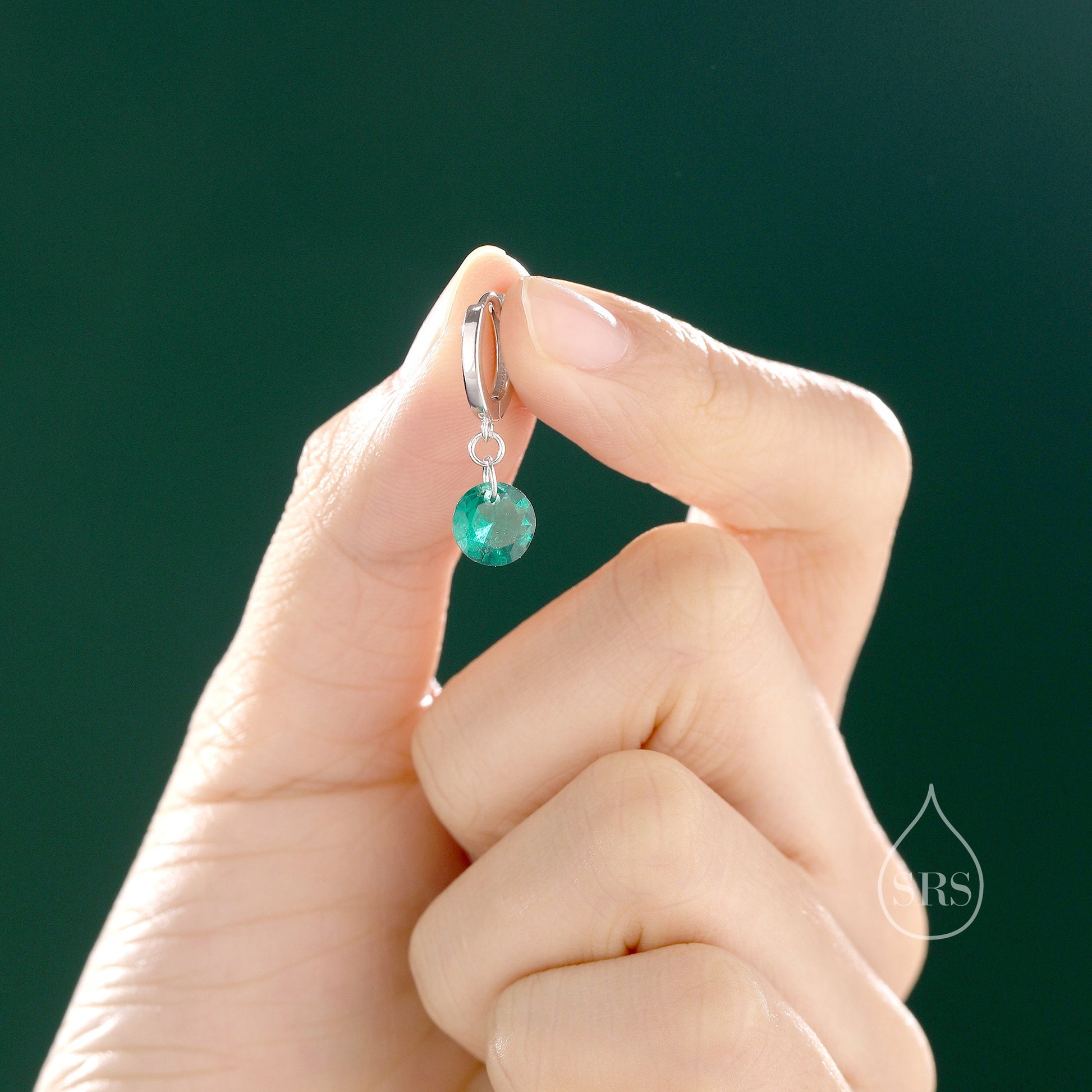 Dangle Emerald Green CZ Huggie Hoop Earrings in Sterling Silver, Silver or Gold, Delicate Sparky CZ Skinny Hoops, Dark Green Crystal Hoops