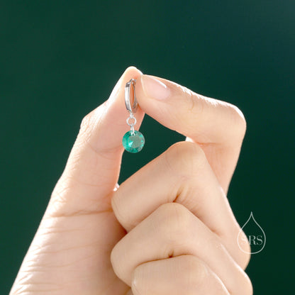 Dangle Emerald Green CZ Huggie Hoop Earrings in Sterling Silver, Silver or Gold, Delicate Sparky CZ Skinny Hoops, Dark Green Crystal Hoops