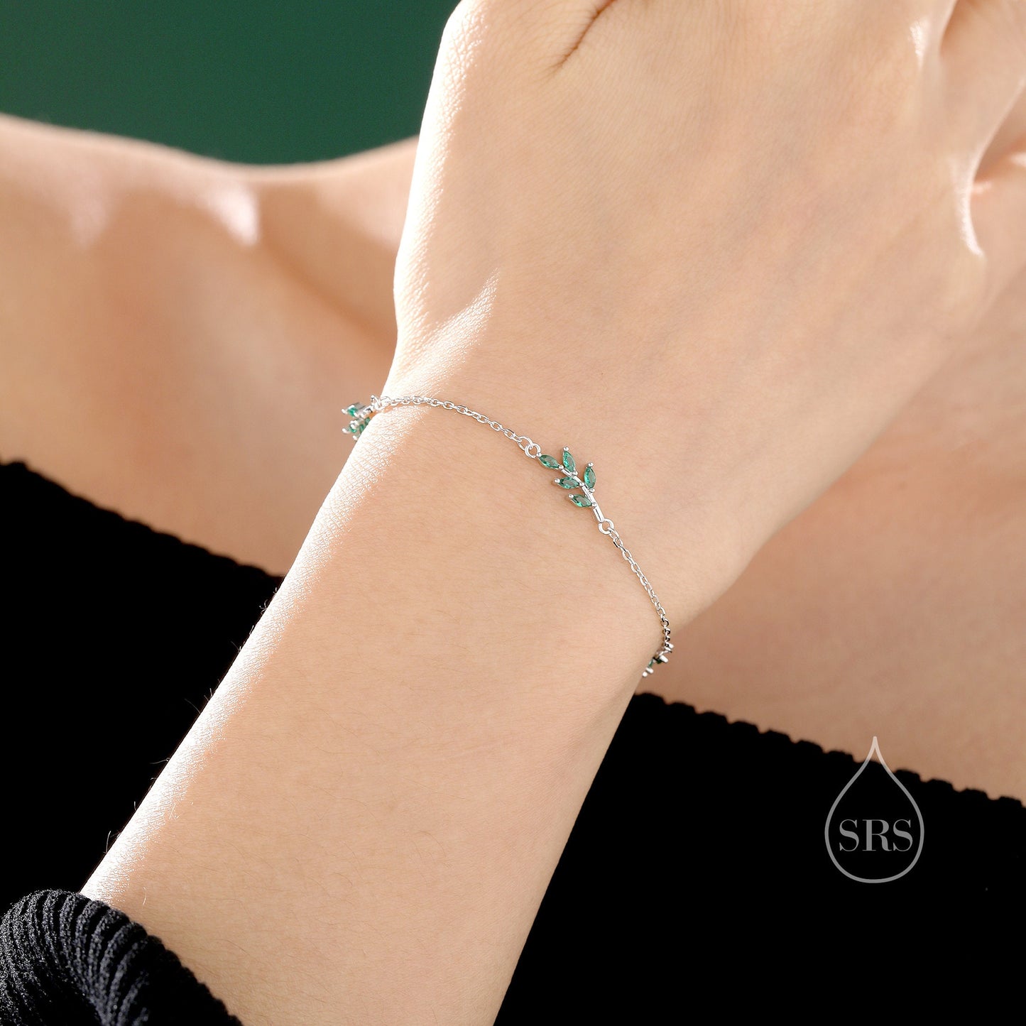 Emerald Green CZ Leaf Motif Bracelet in Sterling Silver, Silver or Gold, Crystal Olive Leaf Bracelet, Olive Branch Bracelet