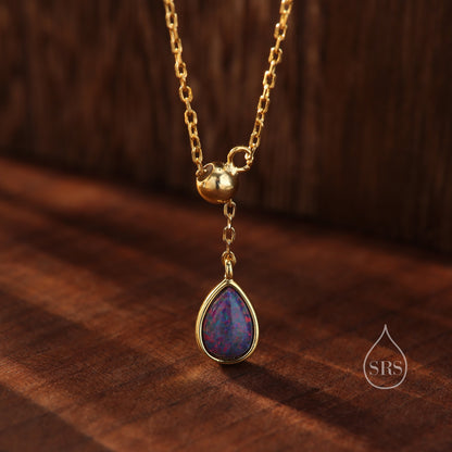 Delicate Purple Opal Droplet Lariat Pendant Necklace in Sterling Silver, Silver or Gold, Minimalist Pear Shape Lab Opal Adjustable Necklace