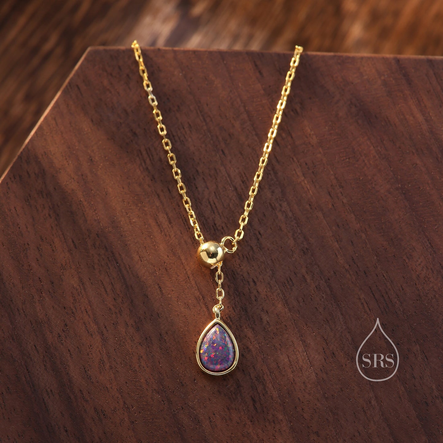 Delicate Purple Opal Droplet Lariat Pendant Necklace in Sterling Silver, Silver or Gold, Minimalist Pear Shape Lab Opal Adjustable Necklace