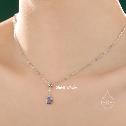 Delicate Purple Opal Droplet Lariat Pendant Necklace in Sterling Silver, Silver or Gold, Minimalist Pear Shape Lab Opal Adjustable Necklace