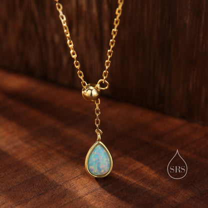 Delicate Aqua Green Opal Droplet Lariat Pendant Necklace in Sterling Silver, Silver or Gold, Pear Shape Lab Opal Adjustable Necklace