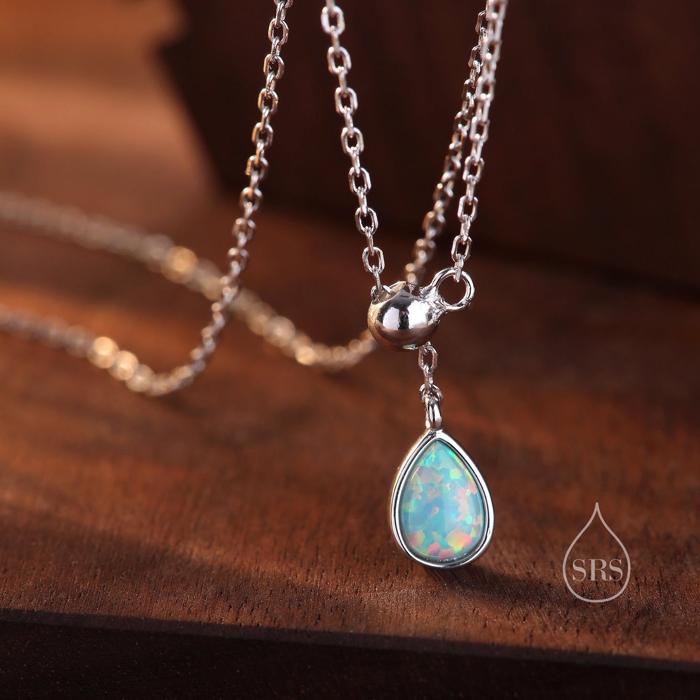 Delicate Aqua Green Opal Droplet Lariat Pendant Necklace in Sterling Silver, Silver or Gold, Pear Shape Lab Opal Adjustable Necklace