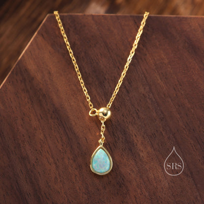 Delicate Aqua Green Opal Droplet Lariat Pendant Necklace in Sterling Silver, Silver or Gold, Pear Shape Lab Opal Adjustable Necklace