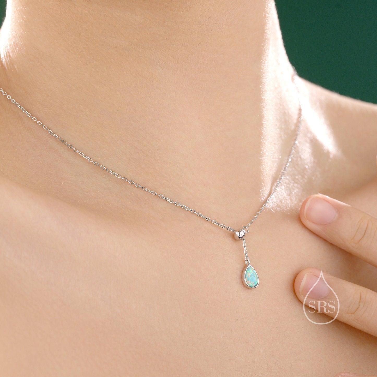 Delicate Aqua Green Opal Droplet Lariat Pendant Necklace in Sterling Silver, Silver or Gold, Pear Shape Lab Opal Adjustable Necklace