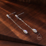 Sterling Silver Tiny Moonstone Droplet Drop Stud Earrings, Silver or Gold, Lab Moonstone Dangle Chain Earrings